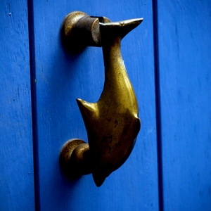 heurtoir de porte en forme de dauphin sur porte bleue - France  - collection de photos clin d'oeil, catégorie portes